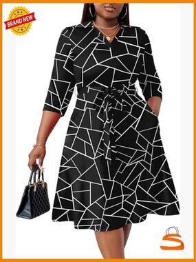 Plus Size Midi Dress with Pockets 3/4 Sleeve V-Neck Wedding Guest